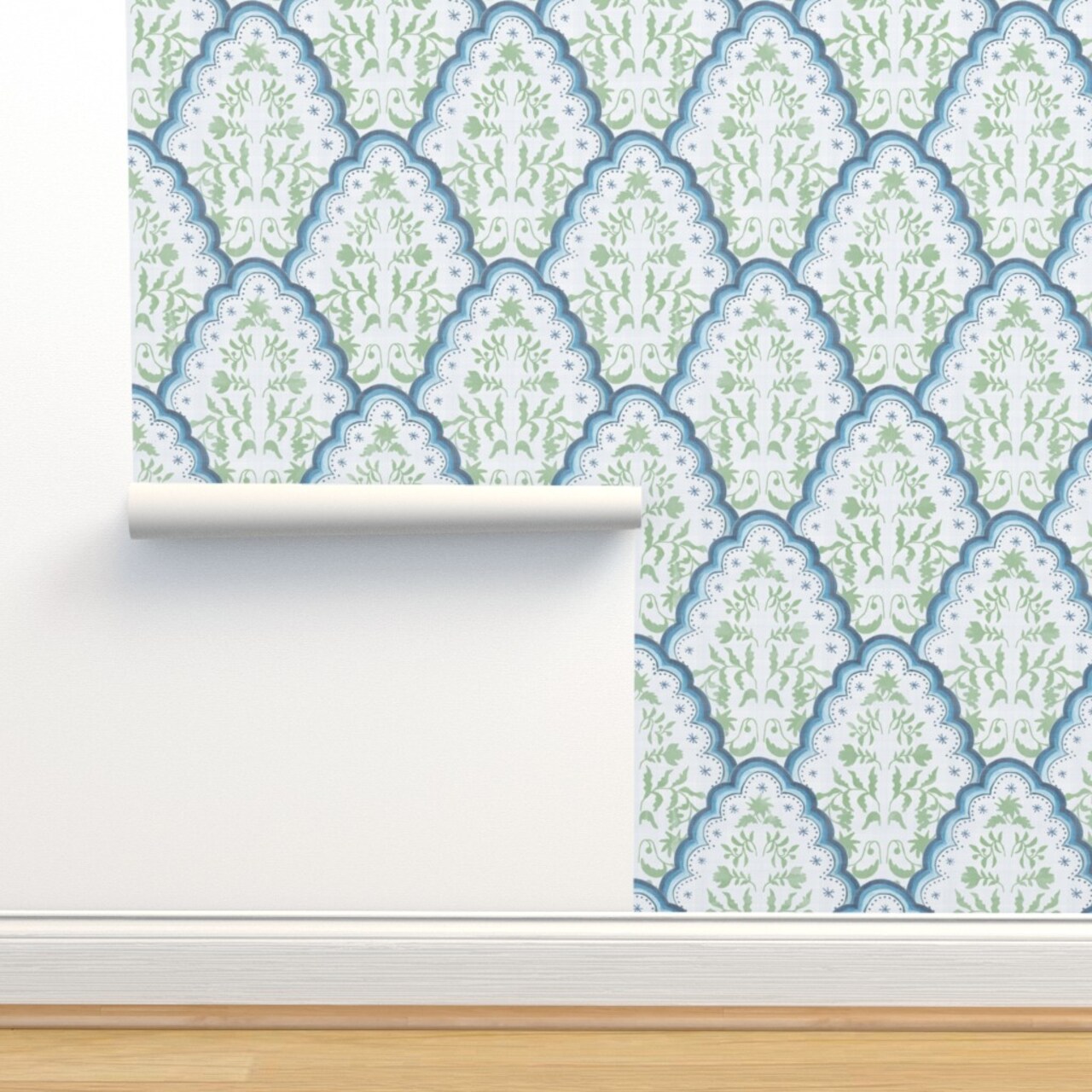 Scallop Botanical India Paisley Block Print Blue And Green French Country Grandmillennial Custom Removable Wallpaper by Spoonflower Peel & Stick Wallpaper 2FT Wide